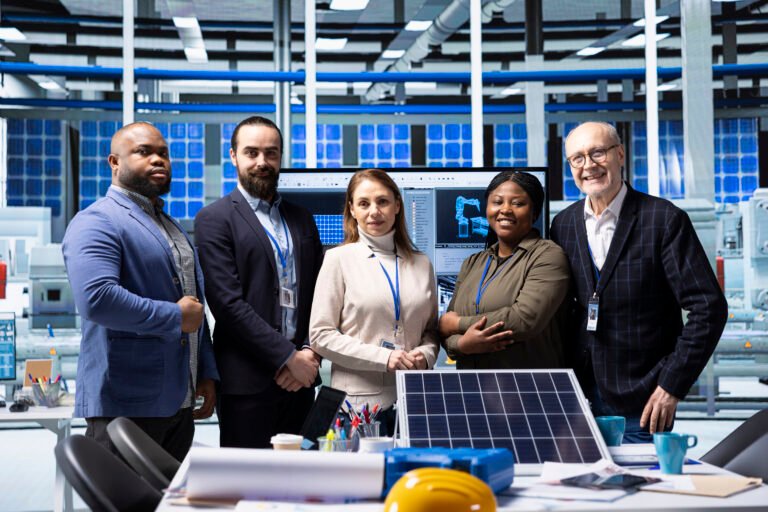 Portrait of smiling industrial plant shareholders conducting research on potential investment opportunities. Cheerful factory shareholders meeting to do market analysis, identifying trends